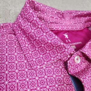 Fairway & Greene Tech Polo Shirt Men Large Pink Geometric Teeth Of The Dog Golf